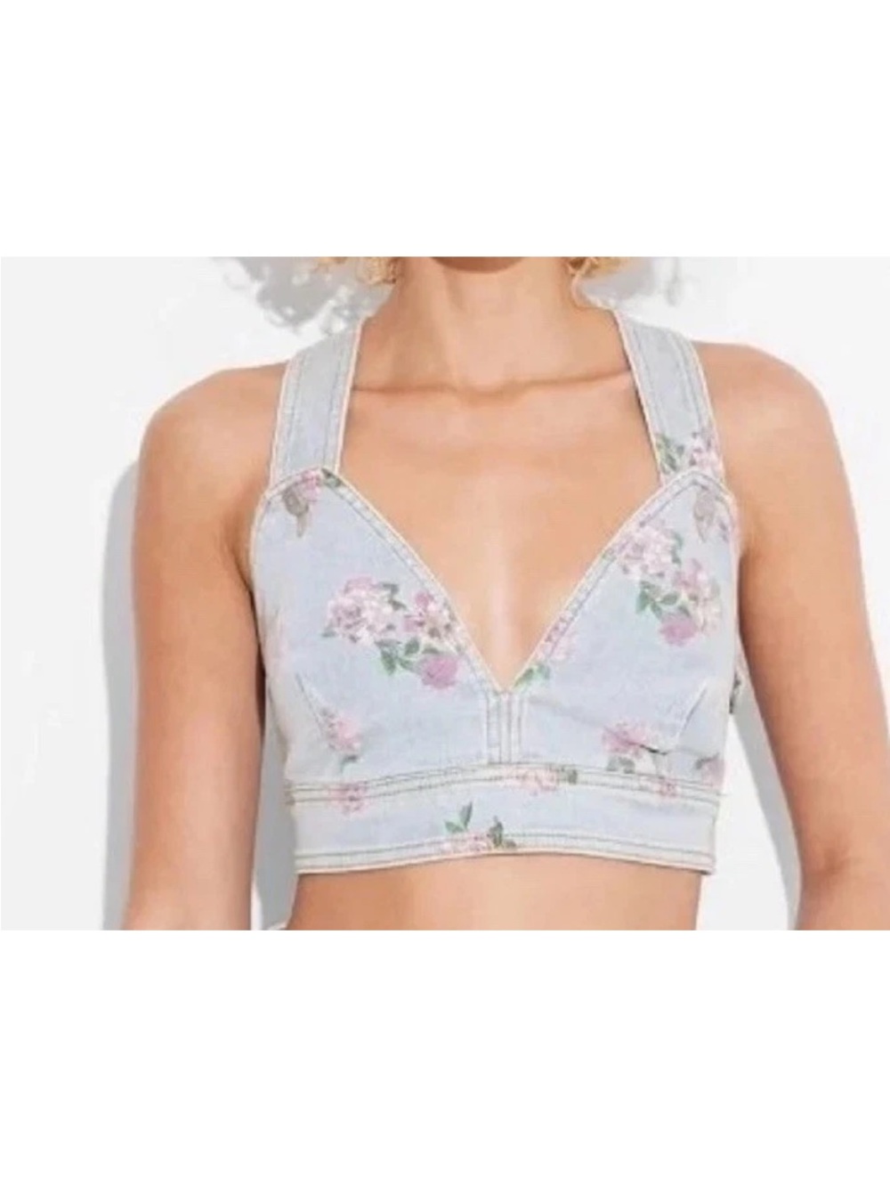 🆕Wild Fable Light Blue Cropped Floral Denim Bralette Vest V-Neck Cottage Core